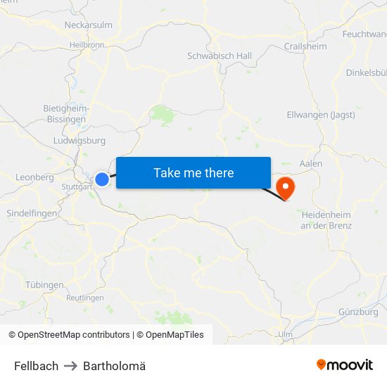 Fellbach to Bartholomä map