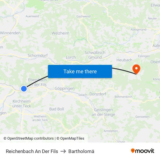 Reichenbach An Der Fils to Bartholomä map