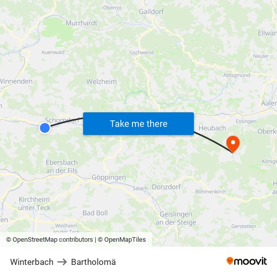 Winterbach to Bartholomä map