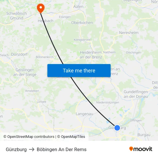 Günzburg to Böbingen An Der Rems map