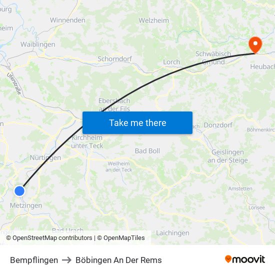 Bempflingen to Böbingen An Der Rems map