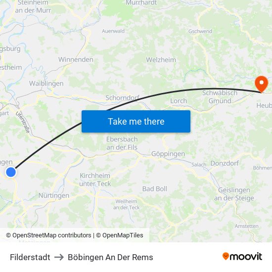 Filderstadt to Böbingen An Der Rems map