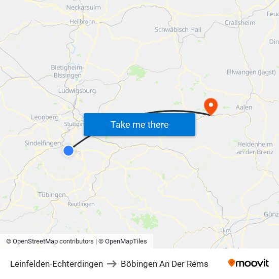 Leinfelden-Echterdingen to Böbingen An Der Rems map