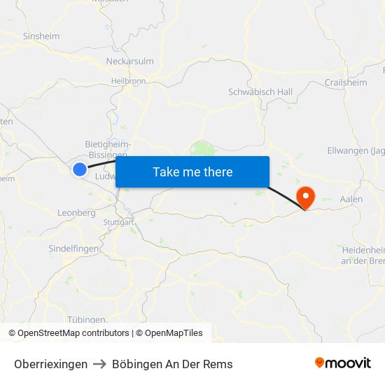 Oberriexingen to Böbingen An Der Rems map