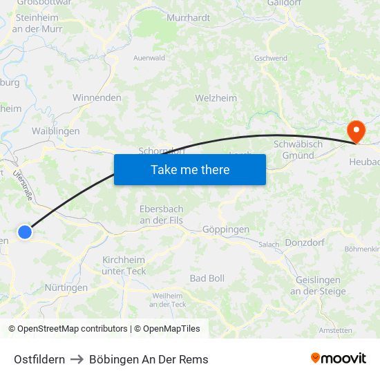 Ostfildern to Böbingen An Der Rems map