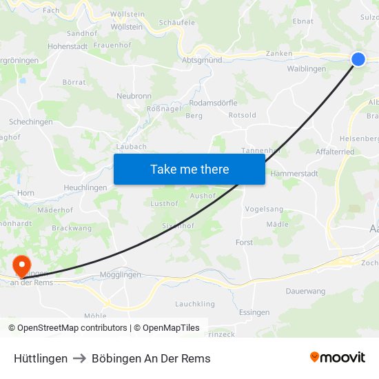 Hüttlingen to Böbingen An Der Rems map