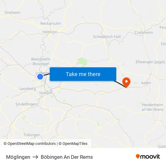 Möglingen to Böbingen An Der Rems map