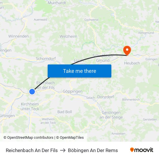 Reichenbach An Der Fils to Böbingen An Der Rems map