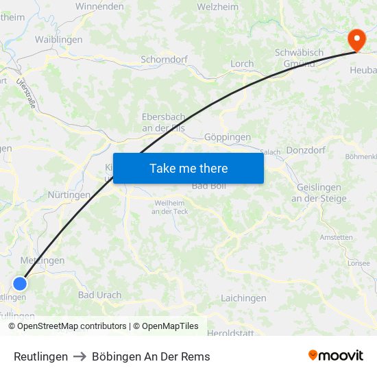 Reutlingen to Böbingen An Der Rems map