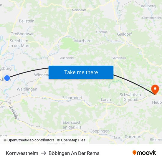 Kornwestheim to Böbingen An Der Rems map