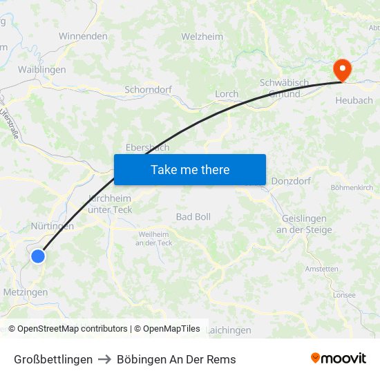 Großbettlingen to Böbingen An Der Rems map