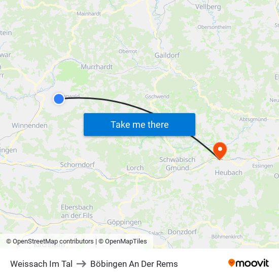 Weissach Im Tal to Böbingen An Der Rems map