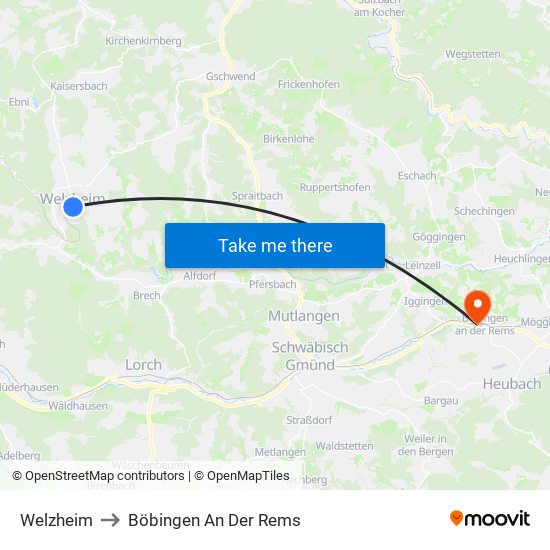 Welzheim to Böbingen An Der Rems map
