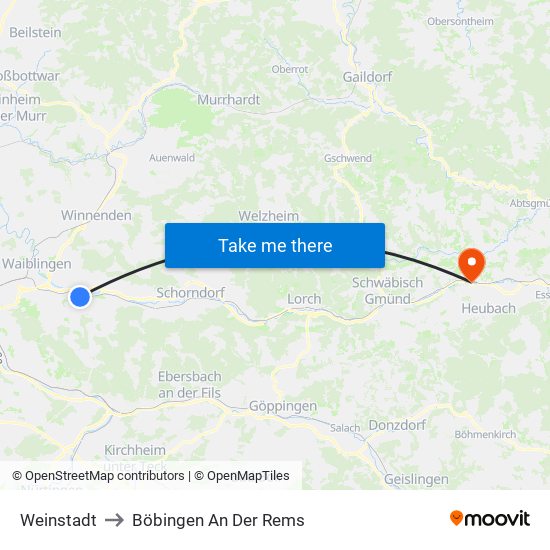 Weinstadt to Böbingen An Der Rems map