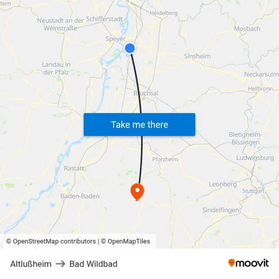Altlußheim to Bad Wildbad map
