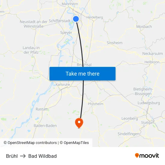 Brühl to Bad Wildbad map