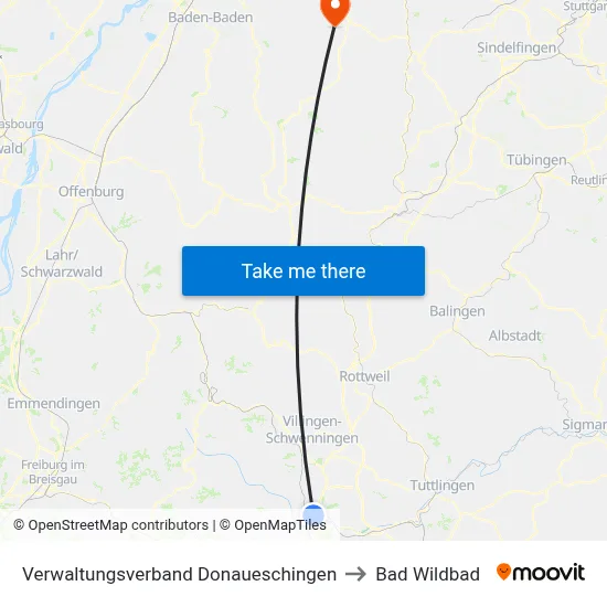 Verwaltungsverband Donaueschingen to Bad Wildbad map