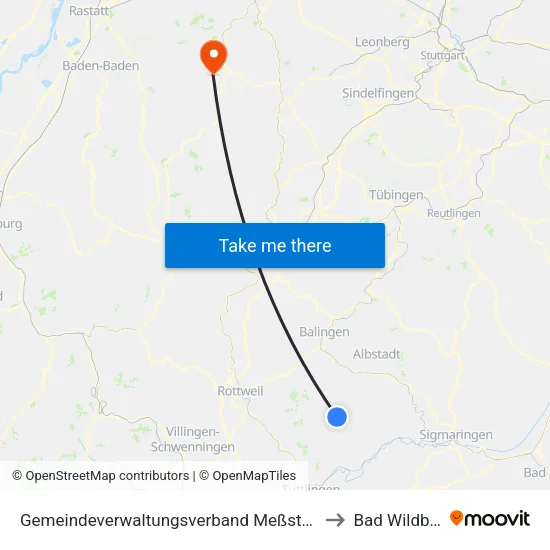 Gemeindeverwaltungsverband Meßstetten to Bad Wildbad map