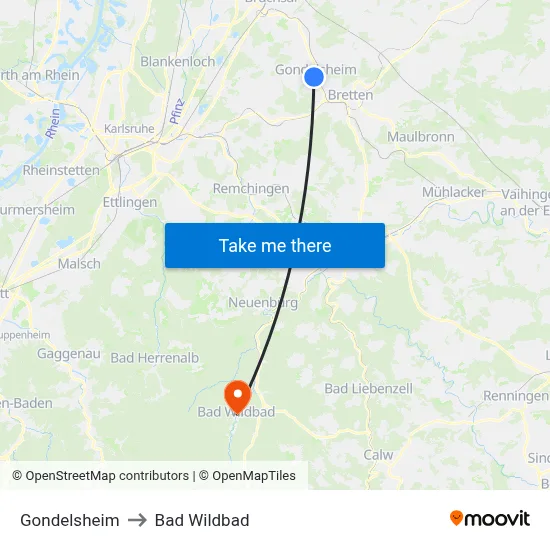 Gondelsheim to Bad Wildbad map