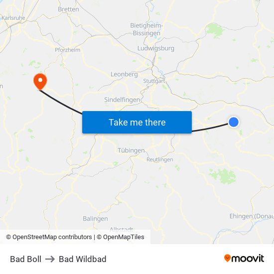 Bad Boll to Bad Wildbad map