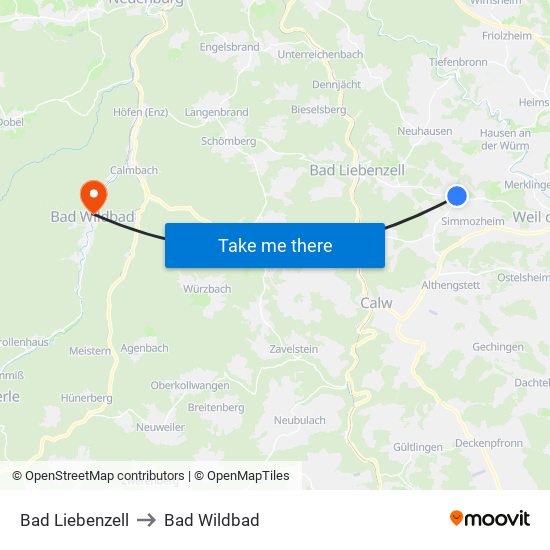 Bad Liebenzell to Bad Wildbad map