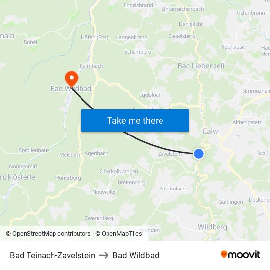 Bad Teinach-Zavelstein to Bad Wildbad map