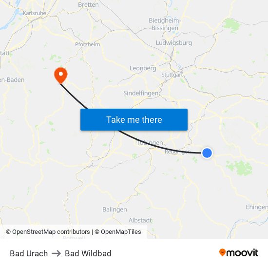 Bad Urach to Bad Wildbad map