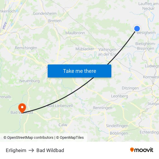 Erligheim to Bad Wildbad map