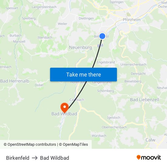 Birkenfeld to Bad Wildbad map