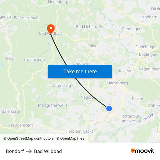 Bondorf to Bad Wildbad map