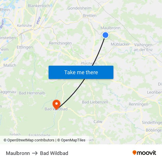 Maulbronn to Bad Wildbad map