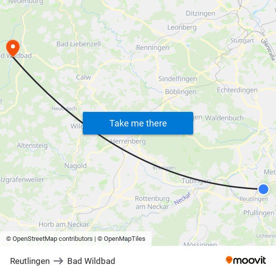 Reutlingen to Bad Wildbad map