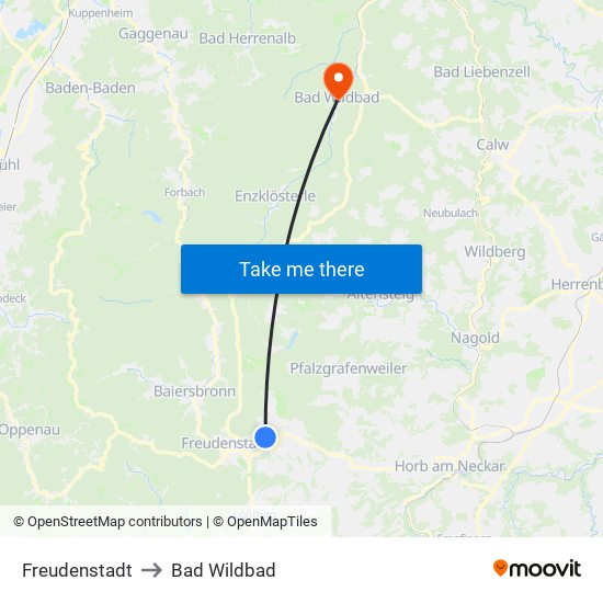 Freudenstadt to Bad Wildbad map