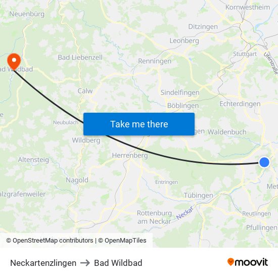 Neckartenzlingen to Bad Wildbad map