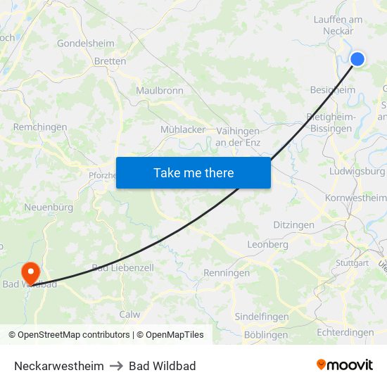 Neckarwestheim to Bad Wildbad map