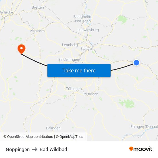 Göppingen to Bad Wildbad map