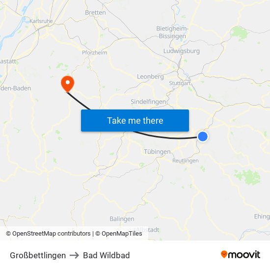 Großbettlingen to Bad Wildbad map