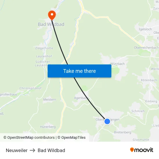 Neuweiler to Bad Wildbad map