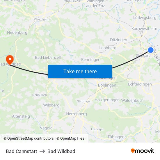 Bad Cannstatt to Bad Wildbad map