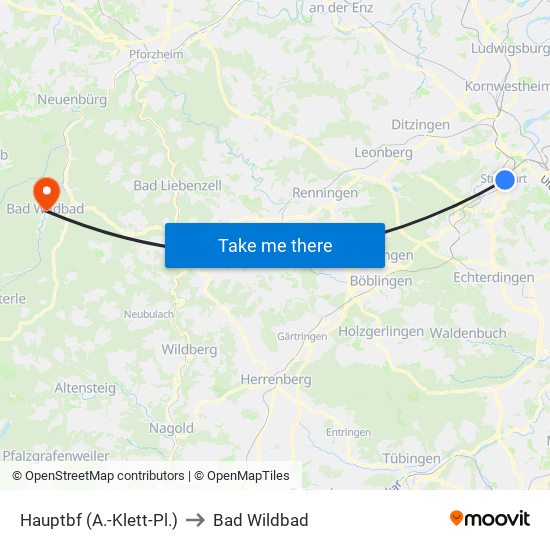 Hauptbf (A.-Klett-Pl.) to Bad Wildbad map