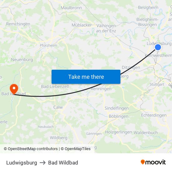 Ludwigsburg to Bad Wildbad map
