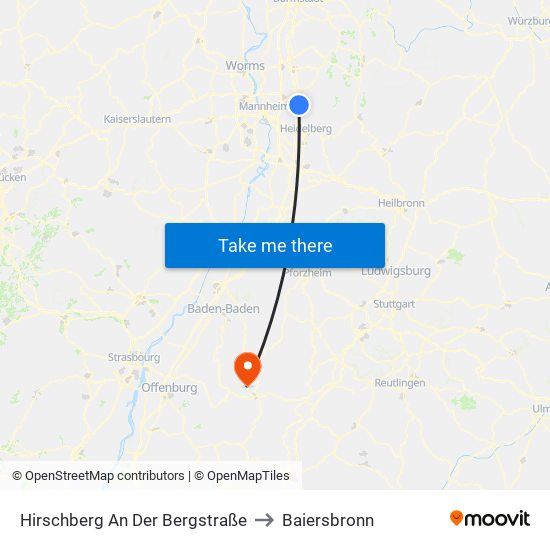 Hirschberg An Der Bergstraße to Baiersbronn map