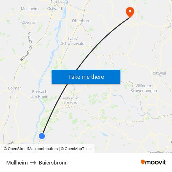 Müllheim to Baiersbronn map