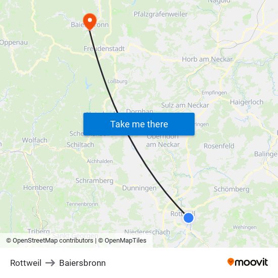 Rottweil to Baiersbronn map