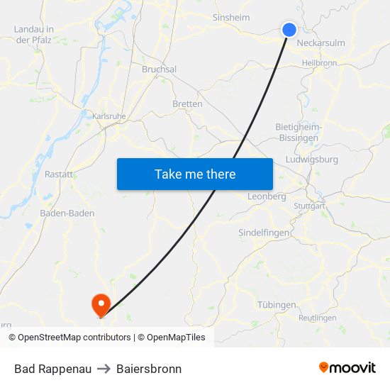 Bad Rappenau to Baiersbronn map