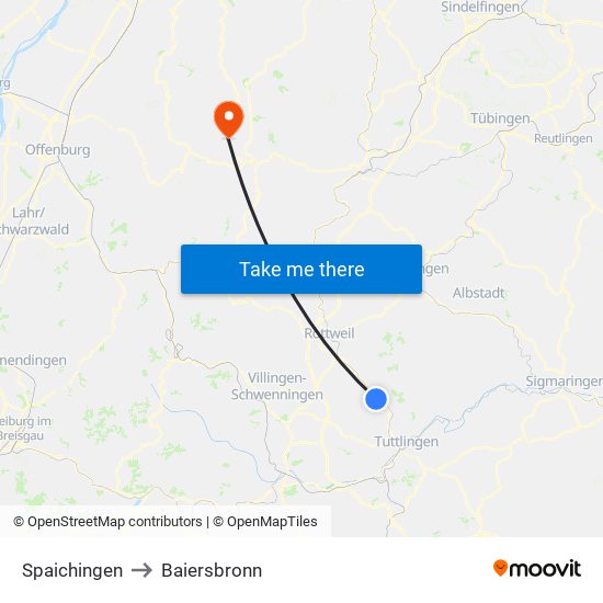 Spaichingen to Baiersbronn map