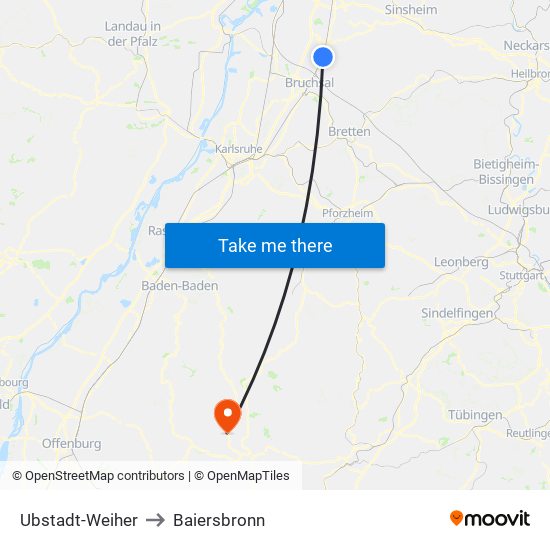 Ubstadt-Weiher to Baiersbronn map