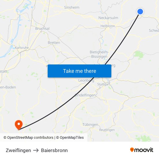 Zweiflingen to Baiersbronn map