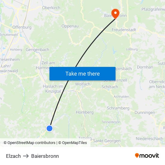 Elzach to Baiersbronn map