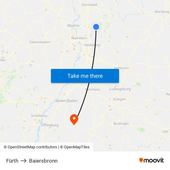 Fürth to Baiersbronn map